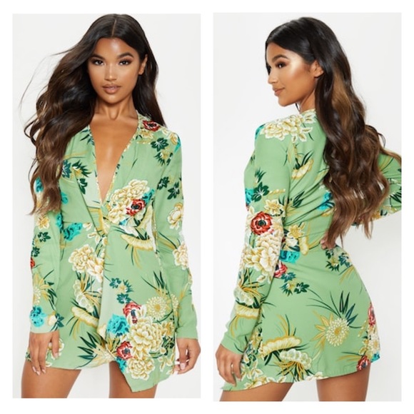 PrettyLittleThing Sage Green Printed Long Sleeve Wrap Dress 12 - Picture 1 of 12